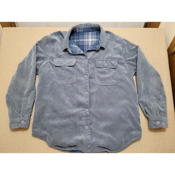 The Unbranded Brand Jackets & Blazers - Wmns Reversible Corduroy Plaid Shirt Shacket Blue Button Front Lightweight